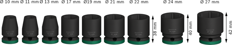 Jogo de soquetes de impacto Bosch PRO de 1/2 polegada, 9 peças padrão.